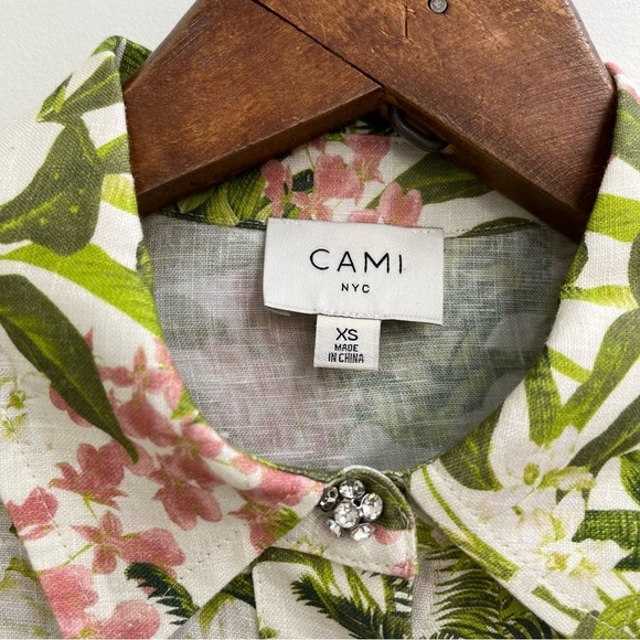 CAMI NYC Belkis Top in Tropics Print 100% Linen Green Pink Diamond Buttons XS - Picture 10 of 11